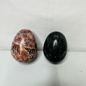 Carved Stone Eggs Lot of 2 Elephant Design Black Speckled Decorative Display